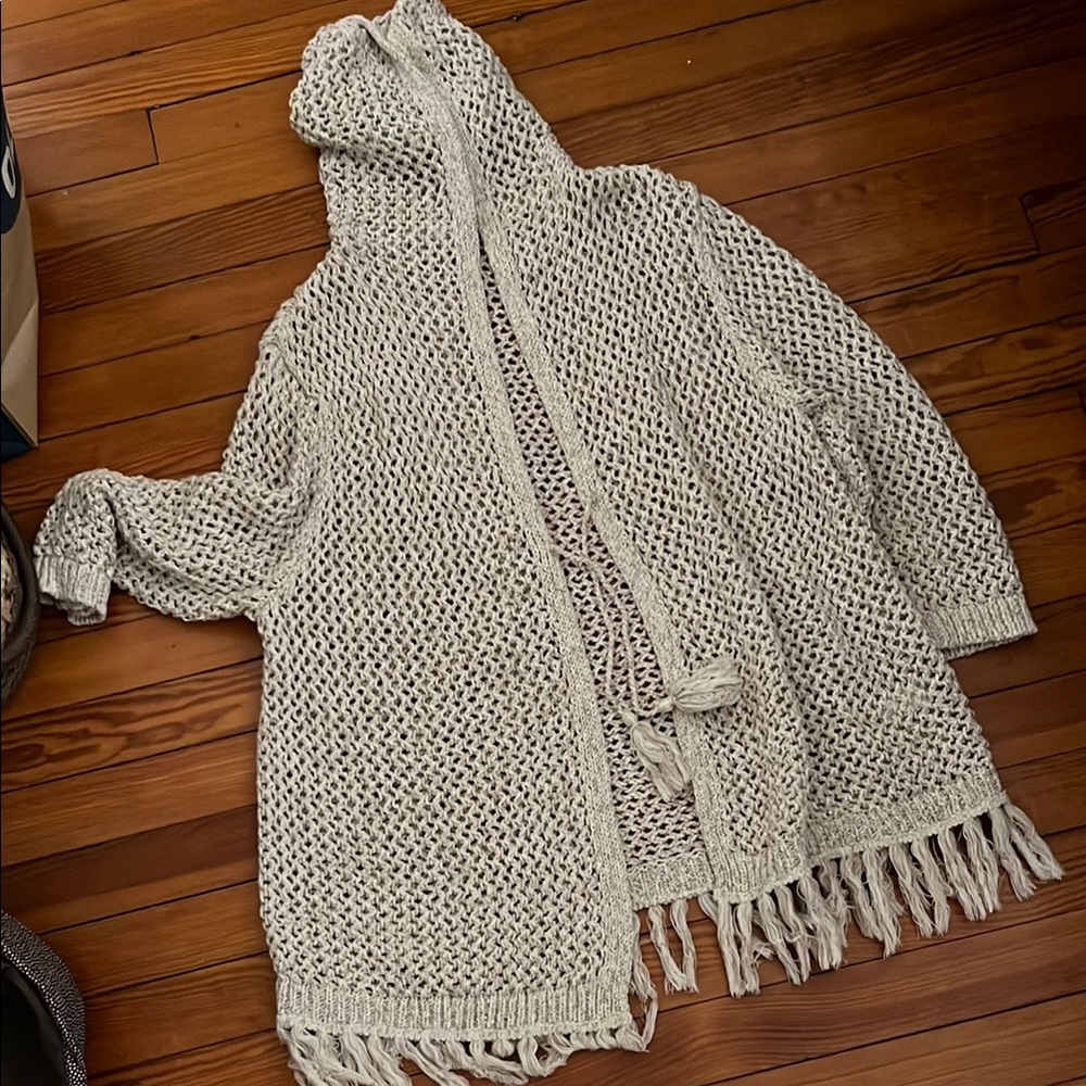 Cream Knit Hooded Cardigan with Fringe